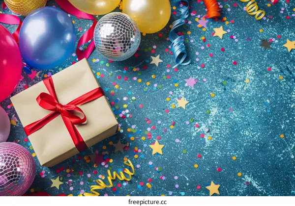 Blue & Yellow Party Background with Disco Ball, Balloons, and Confetti