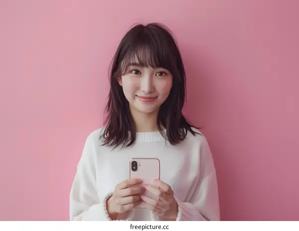 Young Asian Woman Holding Phone Smiling at Pink Wall