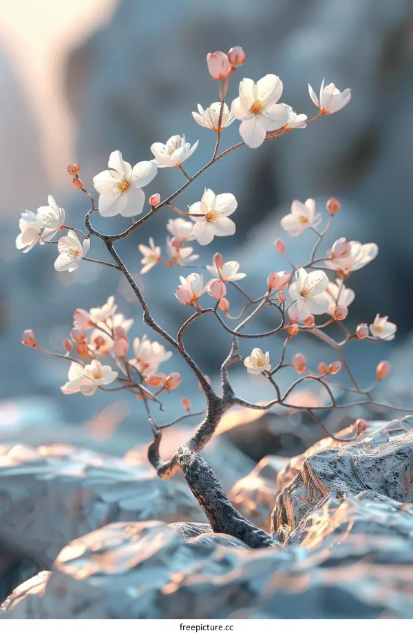 White Cherry Blossom Tree on Rocks