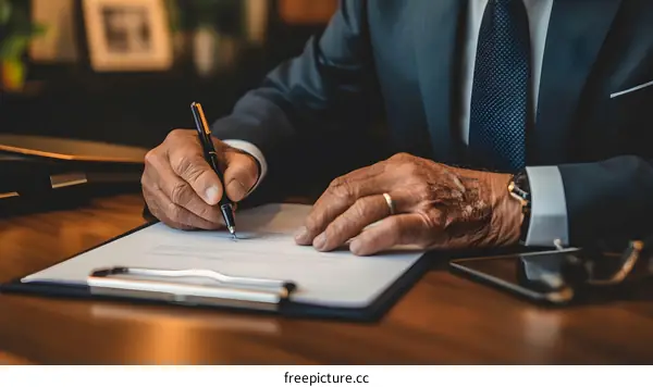 Man Signing Document with Pen