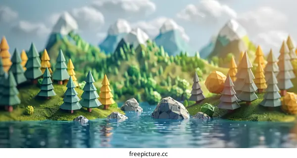 3D rendering of a mountain landscape with a river in the foreground