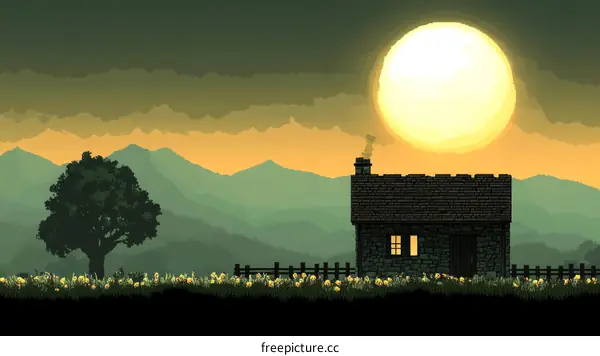 Pixelated Countryside Cabin at Sunset