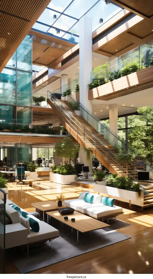 The atrium of a modern office building with wooden stairs and lush greenery