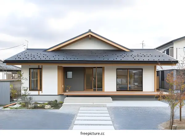 Modern Japanese Style House with Black Roof and Wooden Beams