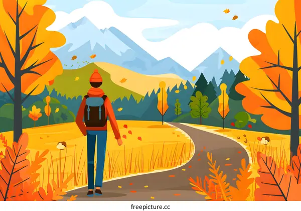 Man Walking on Path in Autumn Landscape