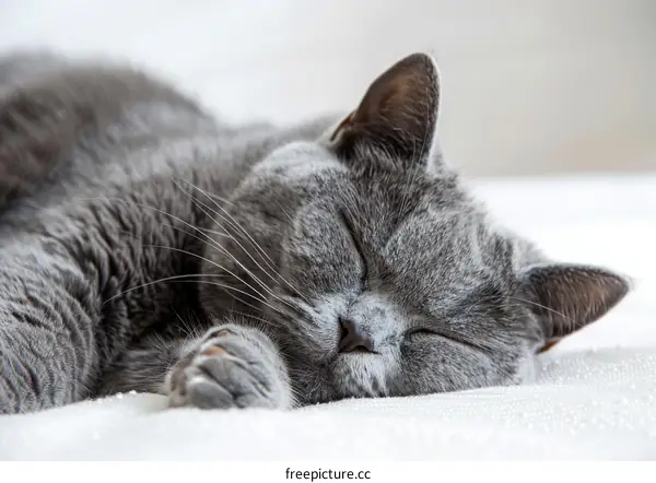 A gray cat is sleeping soundly on a white cloth