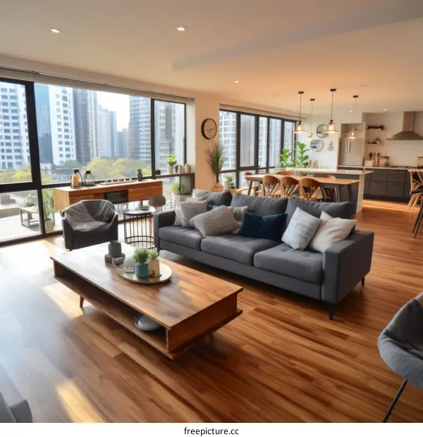 Modern apartment living room with city view