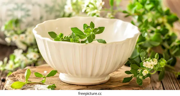 White Bowl with Green Leaves and White Flowers on a Wooden Table