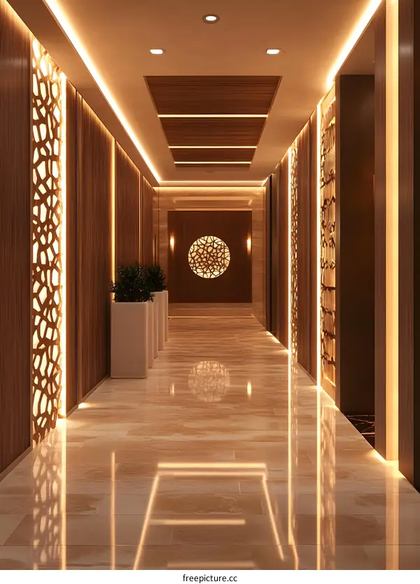 Modern Interior Design Hallway With Wooden Panels And Lighting