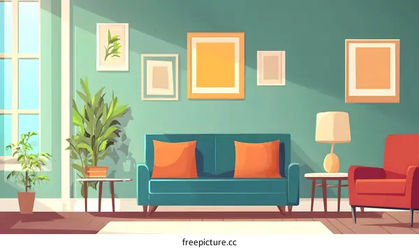 Cartoon Illustration of a Living Room with Green Walls, Sofa, Armchair, and Lamps