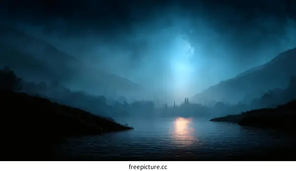 Misty Moonlight Lake Landscape at Night