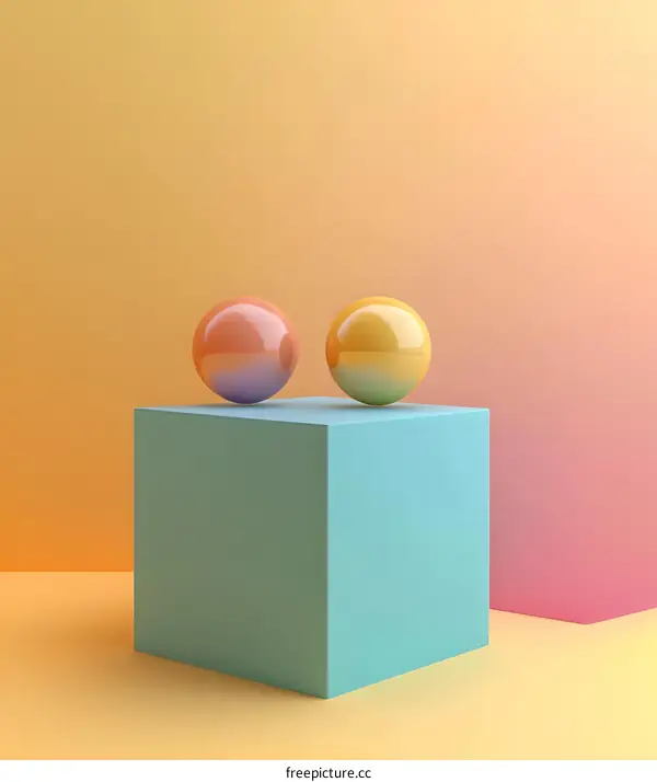 Abstract Minimalist 3D Rendering of Two Spheres on a Cube with Colorful Background