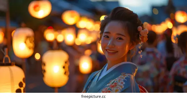 A Japanese woman wearing a kimono smiles at the camera.