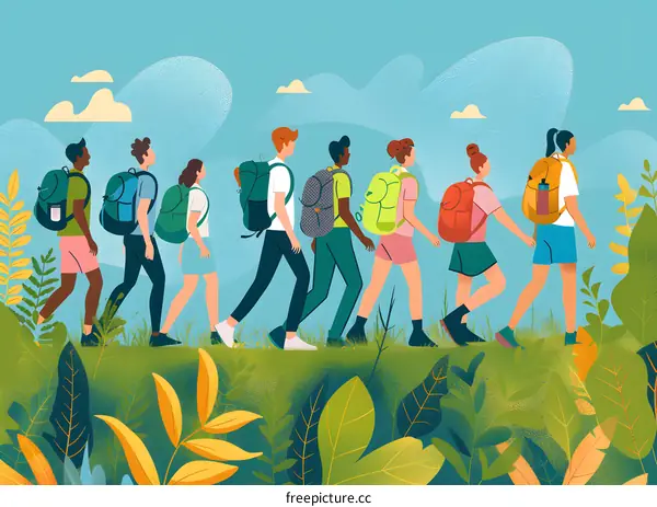 Diverse Group Of Friends Hiking In Nature