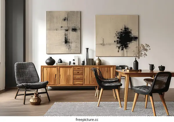 Modern Dining Room with Abstract Art and Wooden Furniture