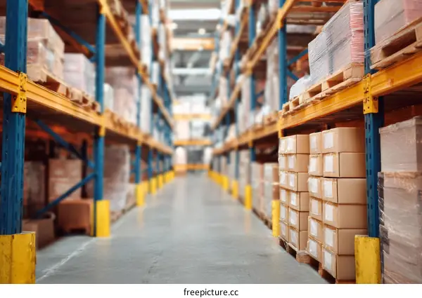 Warehouse Interior with Cardboard Boxes and Racks