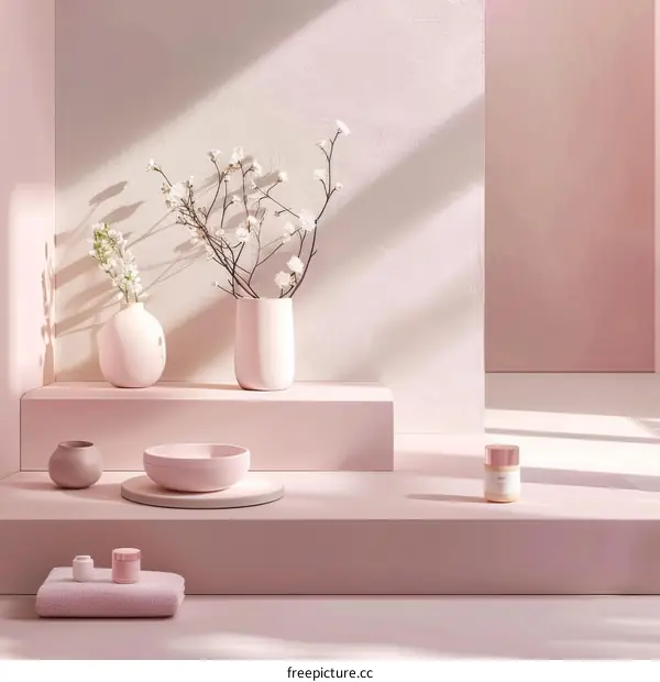 A serene display of pink and white flowers in a minimalist setting
