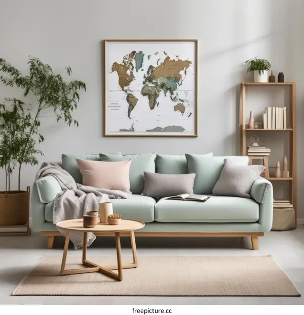 Stylish Living Room with World Map and Green Sofa