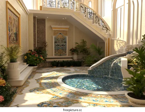 Indoor Garden with Waterfall and Mosaic Floor