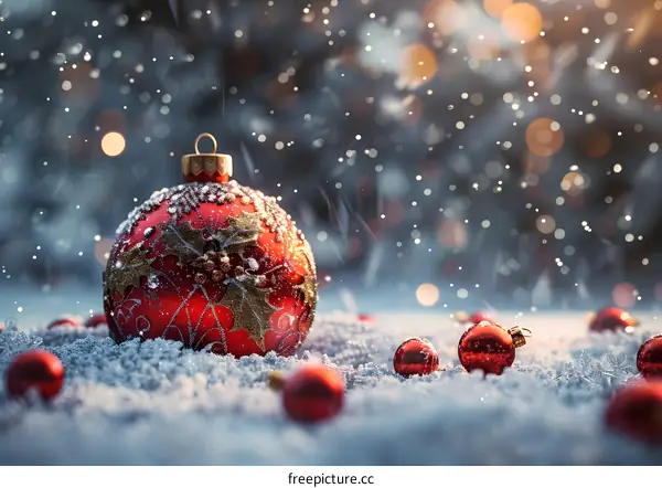 Red Christmas balls in the snow