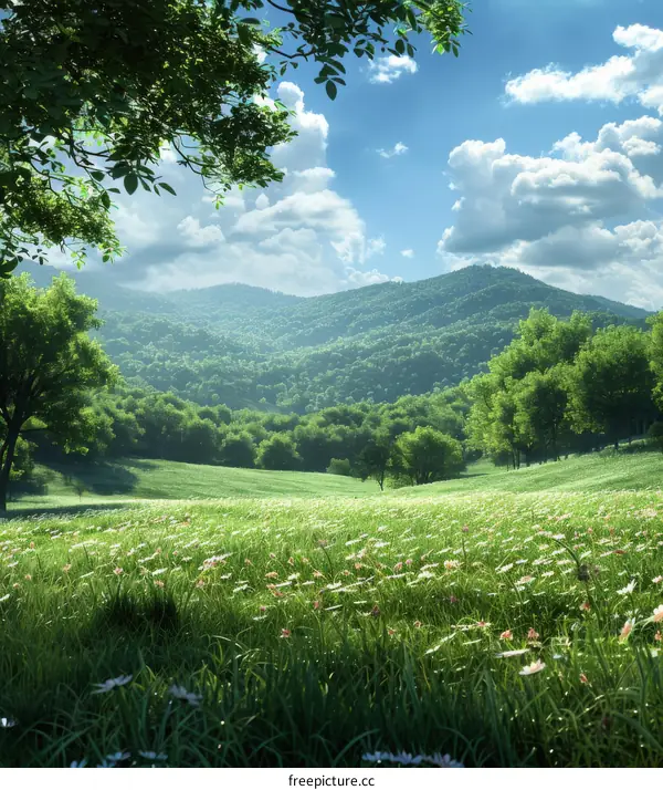 Rolling Green Hills with Flowers and Blue Sky