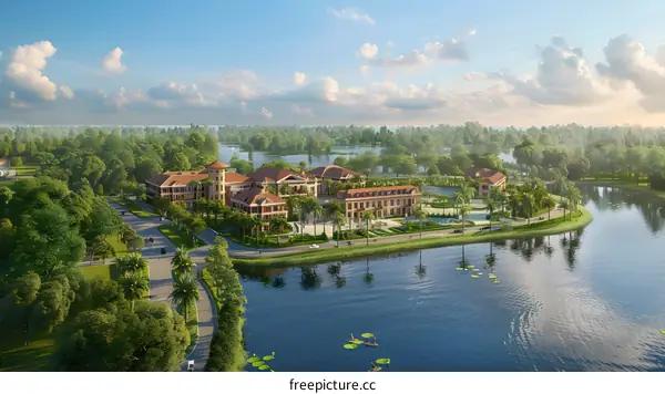 Aerial View of a Luxury Resort with a Lake