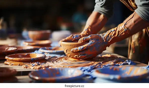 Male potter working with clay and pottery wheel
