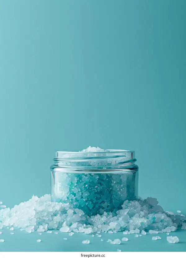Bath Salts in a Clear Glass Jar with Blue Background