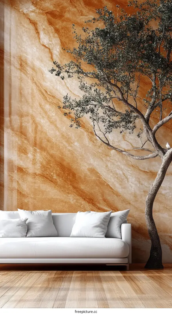 Modern Living Room with a Majestic Tree