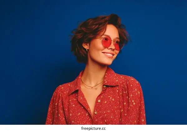 Smiling Woman in Red Floral Shirt and Pink Sunglasses against Blue Background