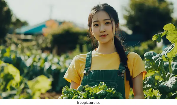 Asian Woman Harvesting Fresh Vegetables in a Garden