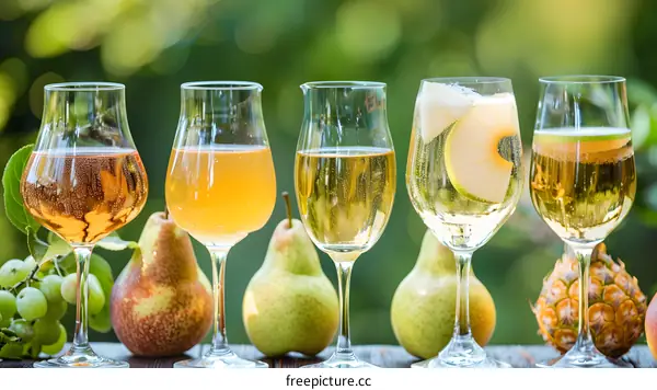 Five Glasses of Sparkling Wine with Pears and Pineapple on a Wooden Table