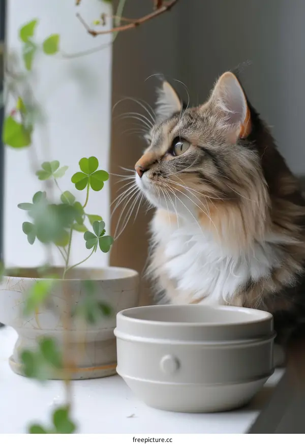 A curious cat looking at a potted plant
