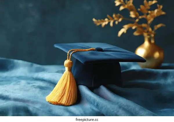 Graduation Cap and Tassel on Dark Blue Fabric Background