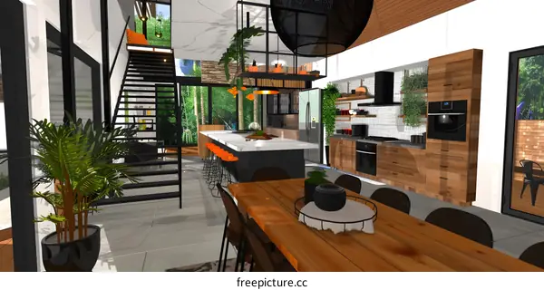 Modern Kitchen Interior Design With Wooden Cabinets And Large Windows