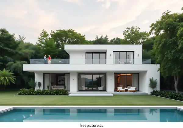 Modern White House With Swimming Pool And Couple On Balcony