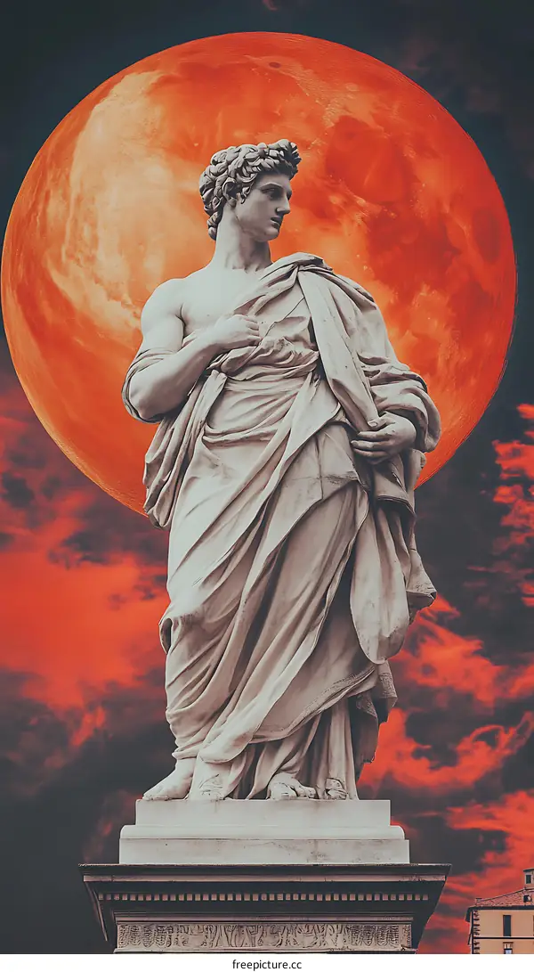 Ancient Statue With Red Moon in the Background