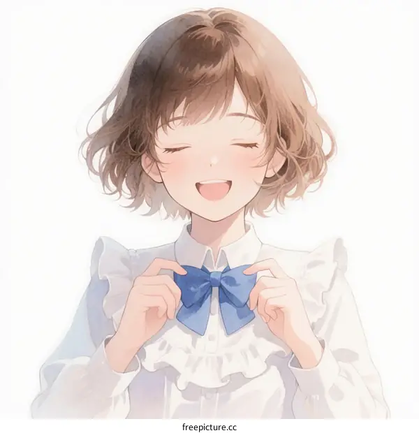 A Young Girl with Short Curly Hair Smiling and Adjusting Bow Tie