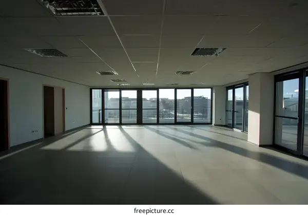 Empty Office Room with Large Windows and Sunbeams