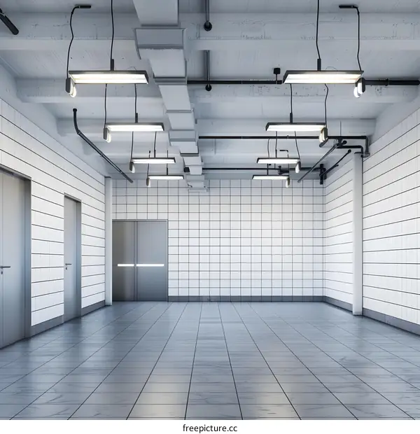 White Tiled Empty Room Interior Design With Modern Fluorescent Lights