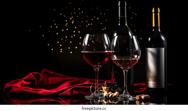 Two Glasses of Red Wine on a Black Background with Golden Bokeh Lights