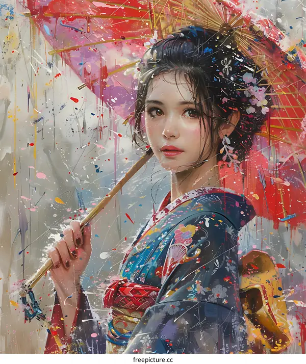 An Asian woman in a kimono holding a red umbrella