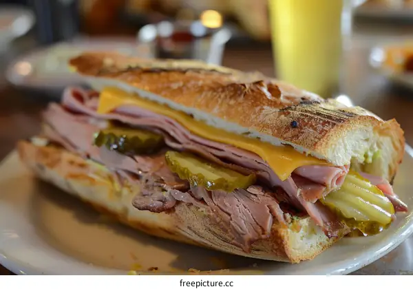 A delicious sandwich with ham, cheese, and pickles on a crusty baguette