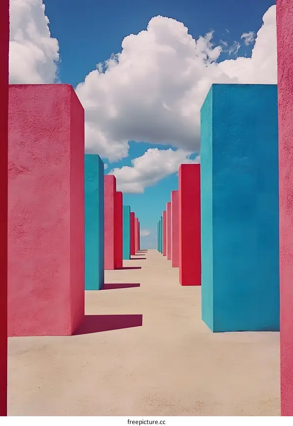 Minimalist Architecture With Pink and Blue Pillars