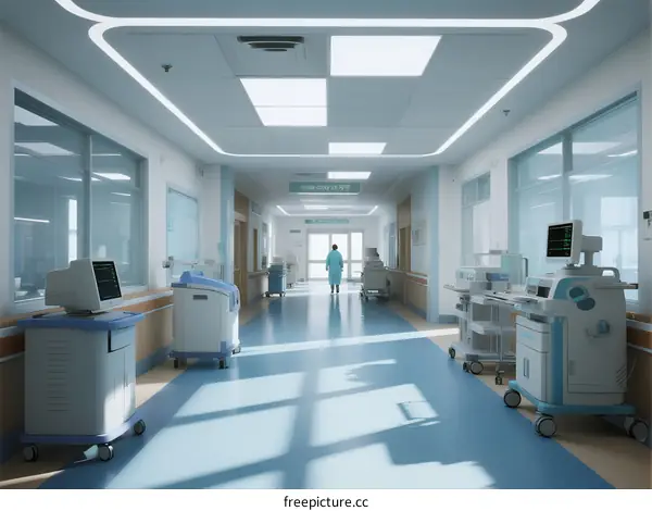 Modern hospital corridor with medical equipment and a person walking