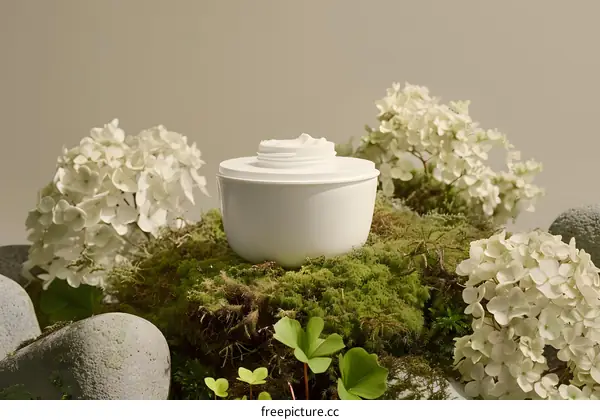 White Cream Jar on Green Moss and White Flowers