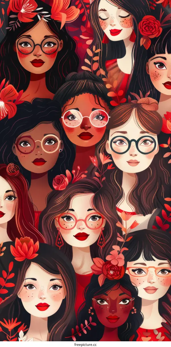 Diverse group of women with red background