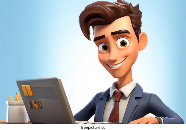 A businessman is working on his laptop with a smile on his face