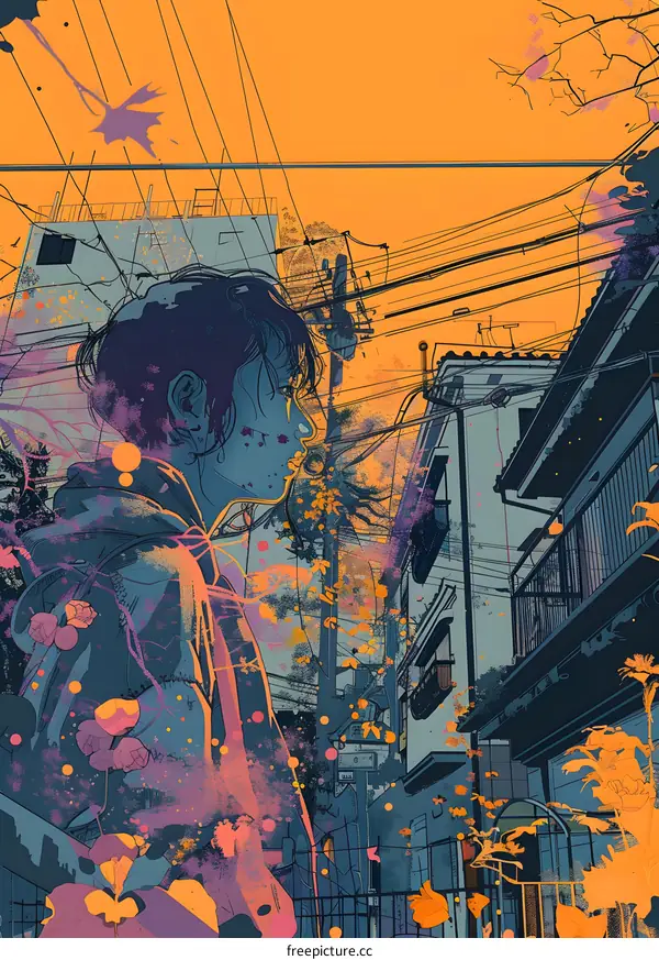 Japanese Style Cityscape Illustration with a Person Standing in the Foreground