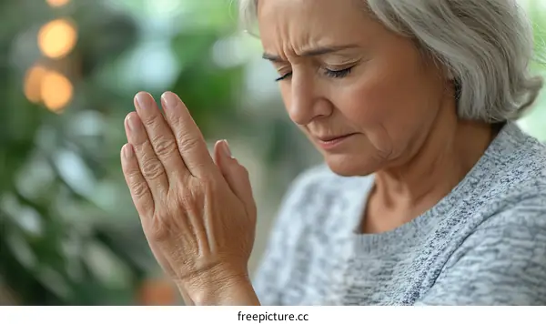 Elderly Woman Praying with Closed Eyes